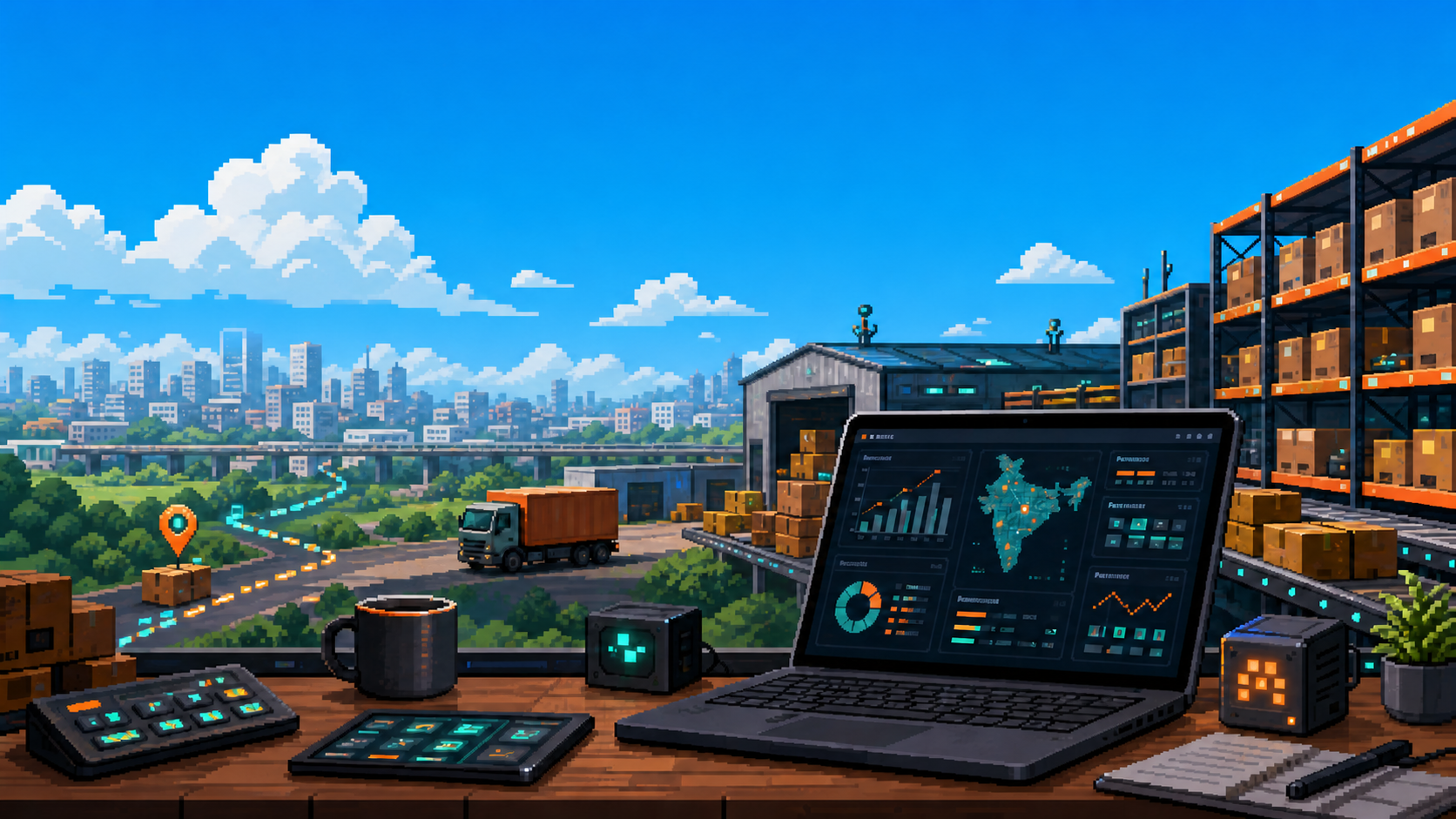 Animated pixel art Indian commerce operations workspace with courier routes, dashboards, and a clear sky